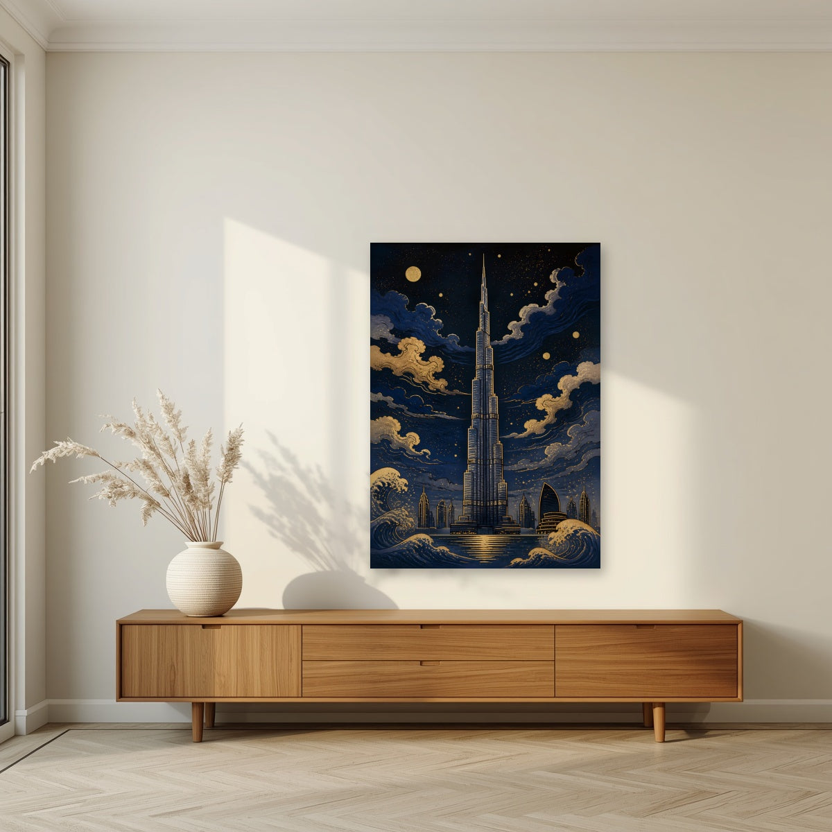 Burj by Moonlight as an unframed print, above a walnut sideboard in a living room