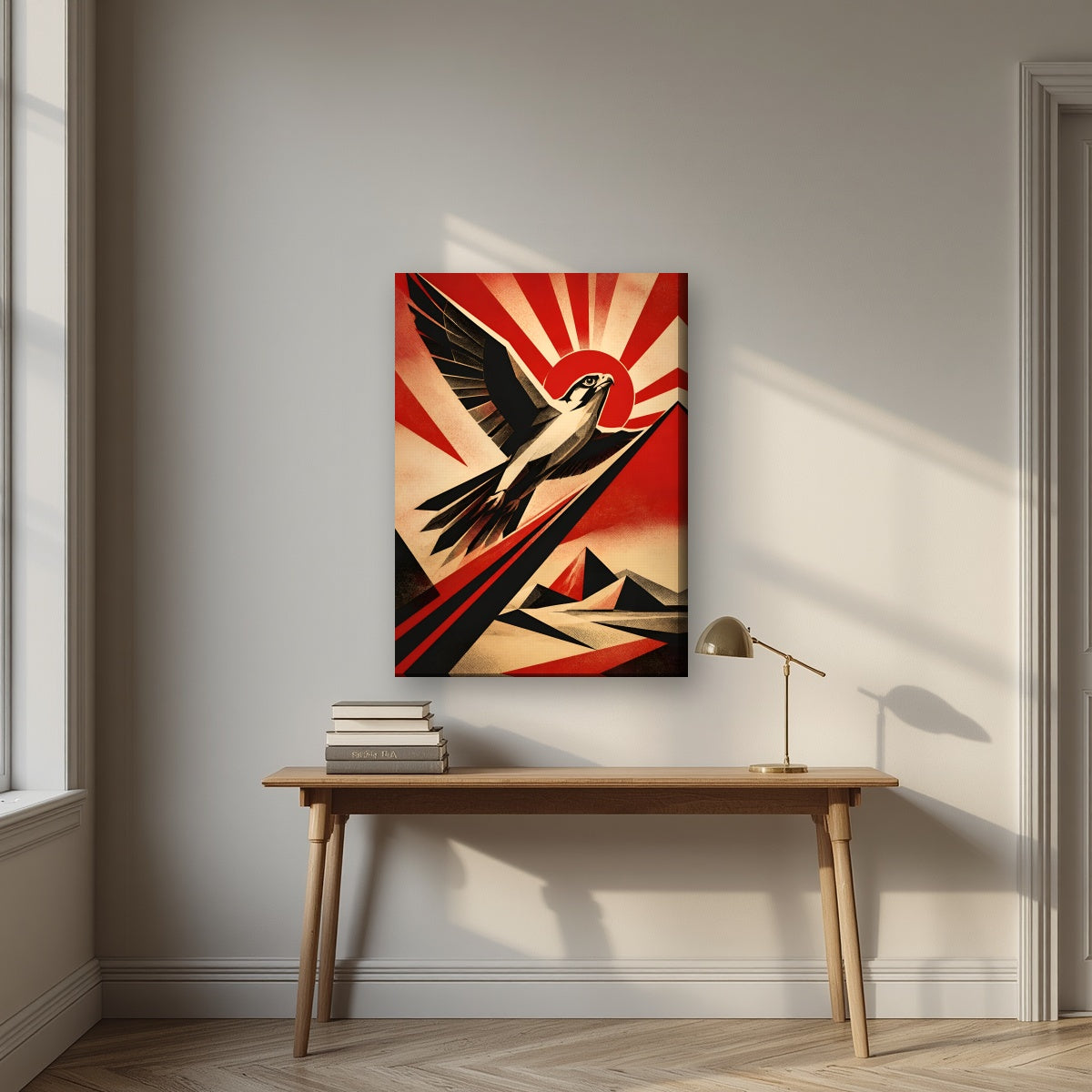 Falcon Rising on a slim-edge canvas, above an oak writing desk
