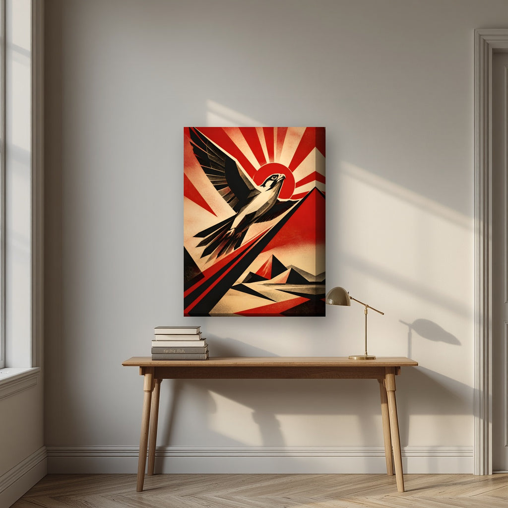 Falcon Rising on a thick-edge canvas, above an oak writing desk