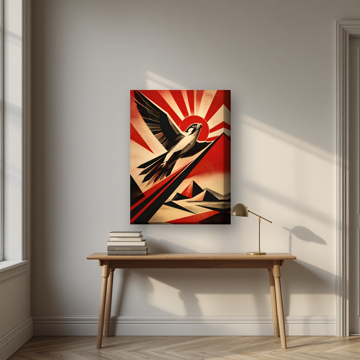 Falcon Rising on a thick-edge canvas, above an oak writing desk