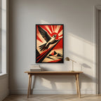 Falcon Rising in a black frame, above an oak writing desk