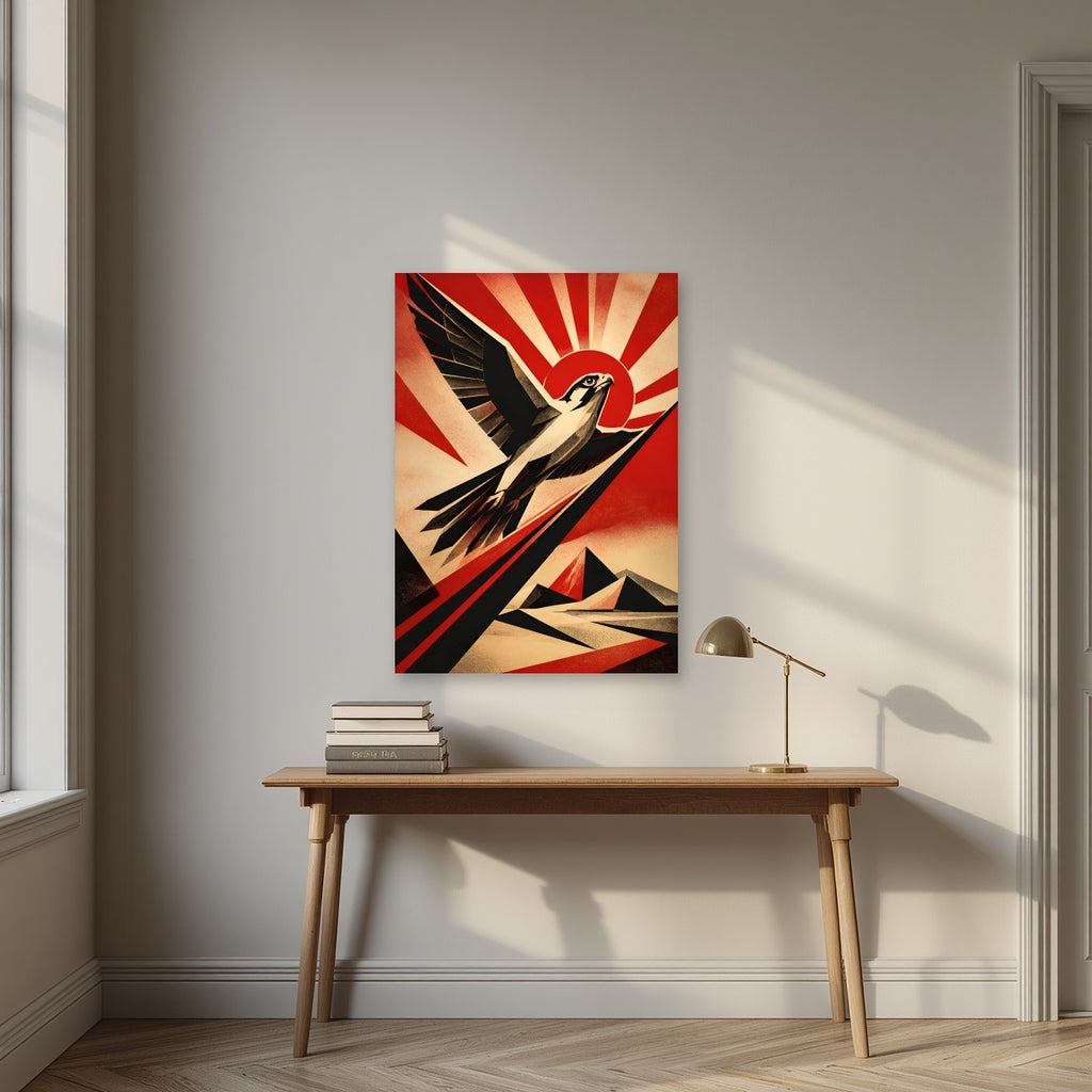 Falcon Rising as an unframed print, above an oak writing desk