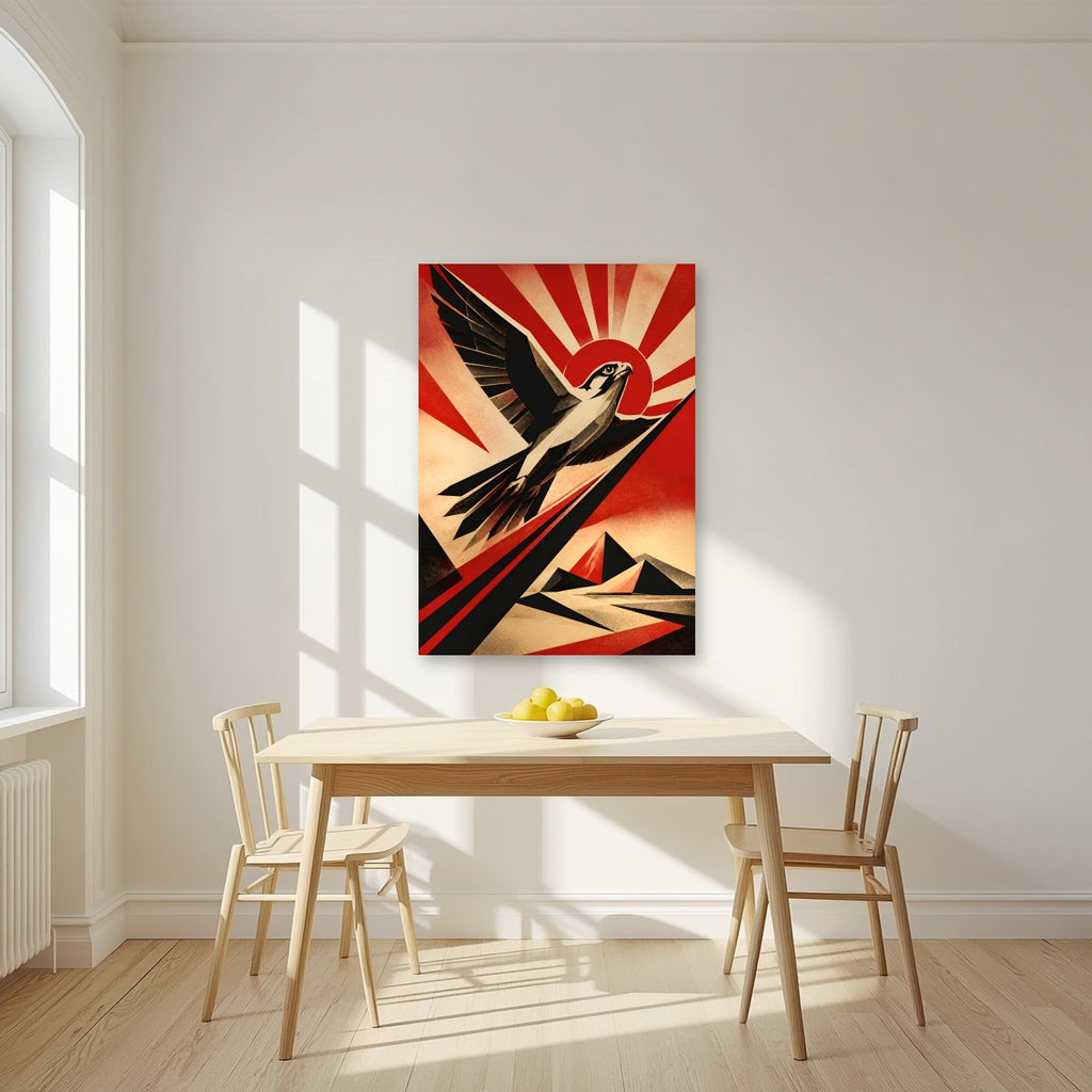 Falcon Rising as an unframed print, above a dining table in a bright kitchen