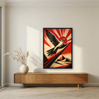 Falcon Rising in a black frame, above a walnut sideboard in a living room