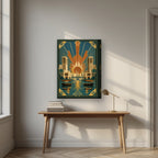Golden Hour on the Creek on a thick-edge canvas, above an oak writing desk