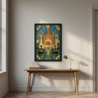 Golden Hour on the Creek in a black frame, above an oak writing desk