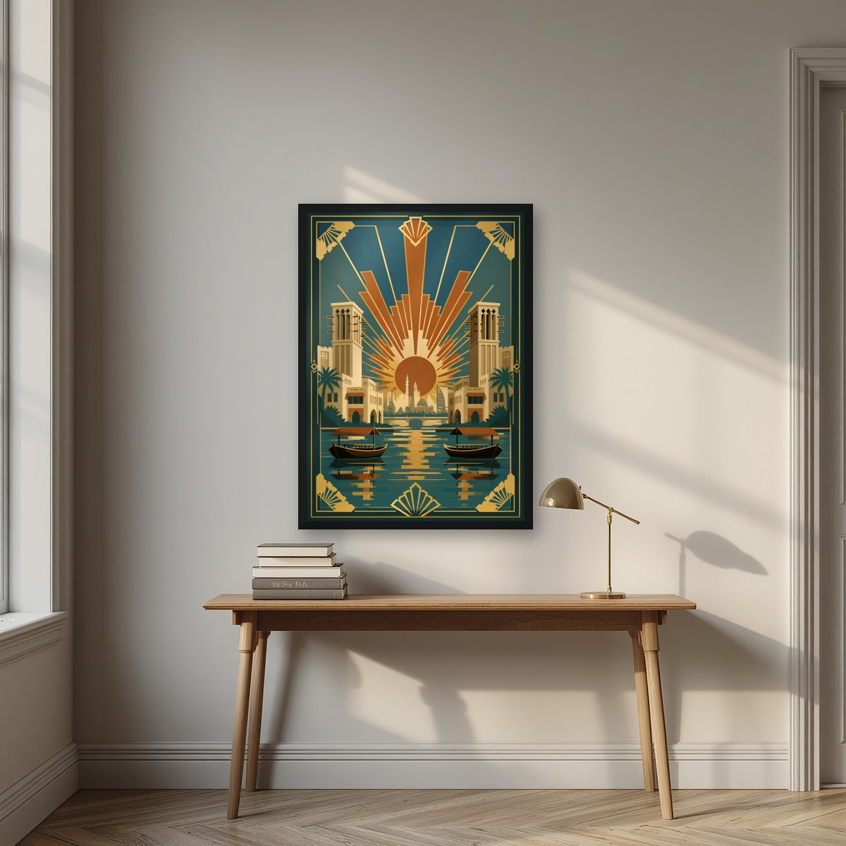 Golden Hour on the Creek in a black frame, above an oak writing desk