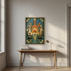Golden Hour on the Creek in an oak frame, above an oak writing desk