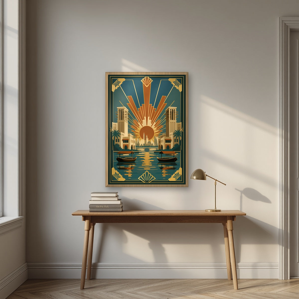 Golden Hour on the Creek in an oak frame, above an oak writing desk