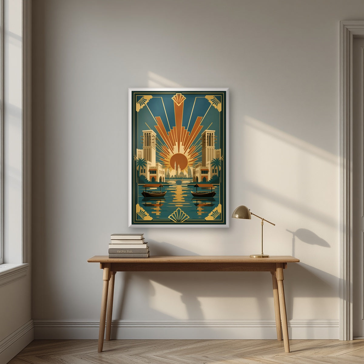 Golden Hour on the Creek in a white frame, above an oak writing desk