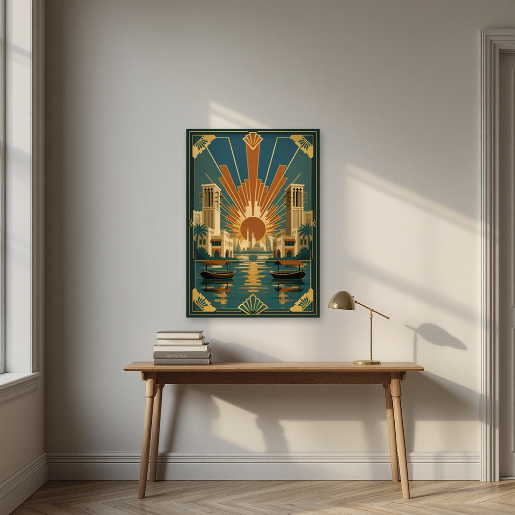 Golden Hour on the Creek as an unframed print, above an oak writing desk