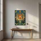Golden Hour on the Creek as an unframed print, above an oak writing desk