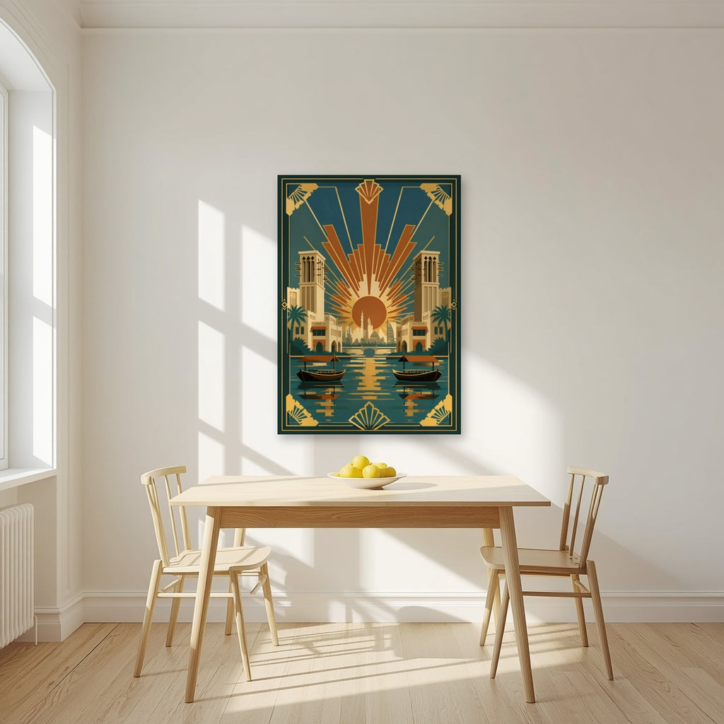 Golden Hour on the Creek as an unframed print, above a dining table in a bright kitchen
