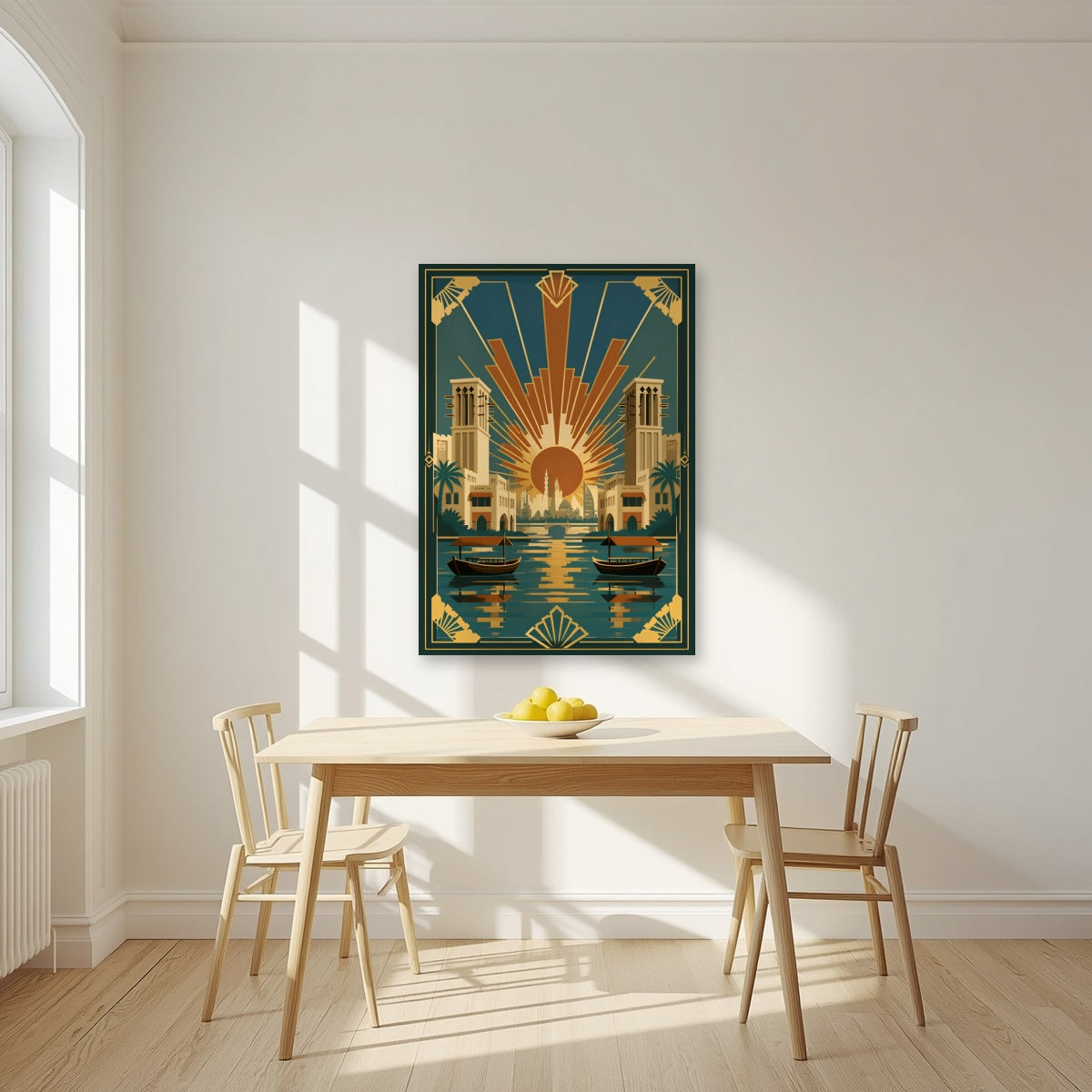 Golden Hour on the Creek as an unframed print, above a dining table in a bright kitchen