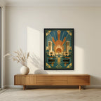 Golden Hour on the Creek in a black frame, above a walnut sideboard in a living room