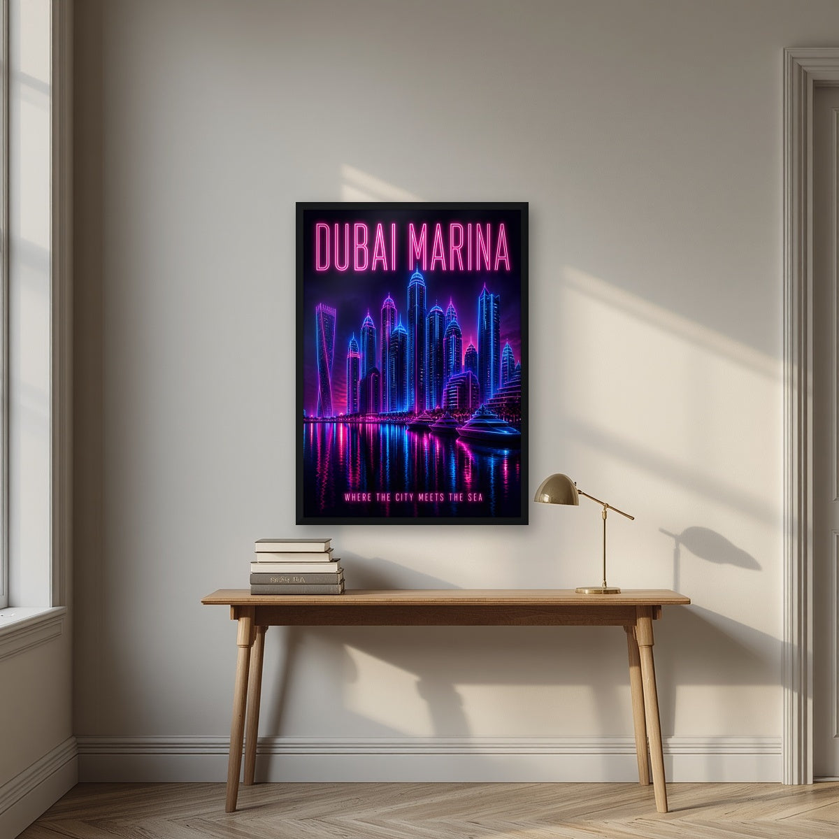 Marina After Dark in a black frame, above an oak writing desk
