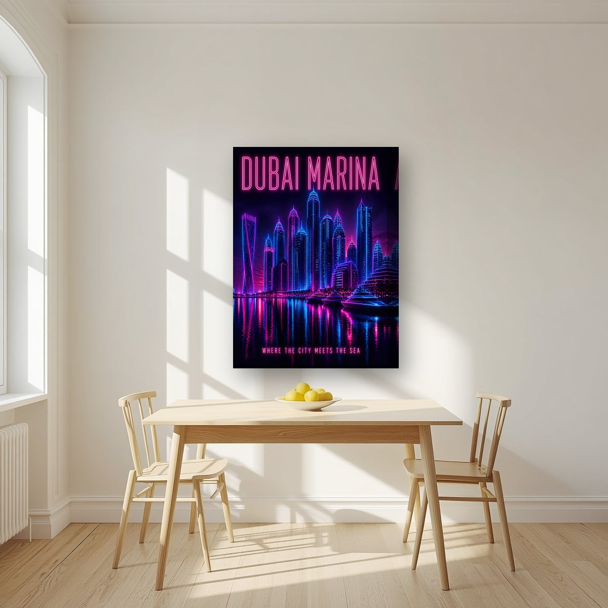 Marina After Dark on a thick-edge canvas, above a dining table in a bright kitchen