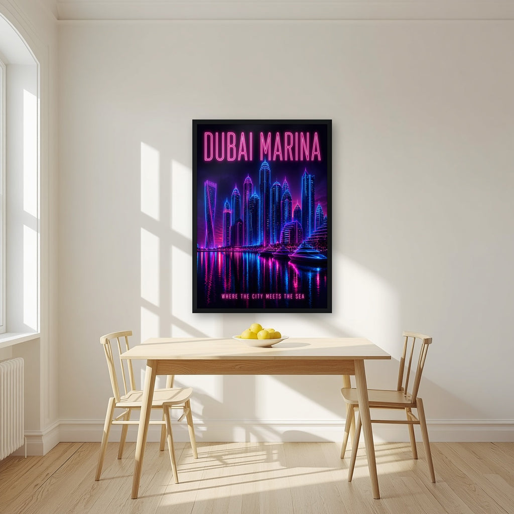 Marina After Dark in a black frame, above a dining table in a bright kitchen