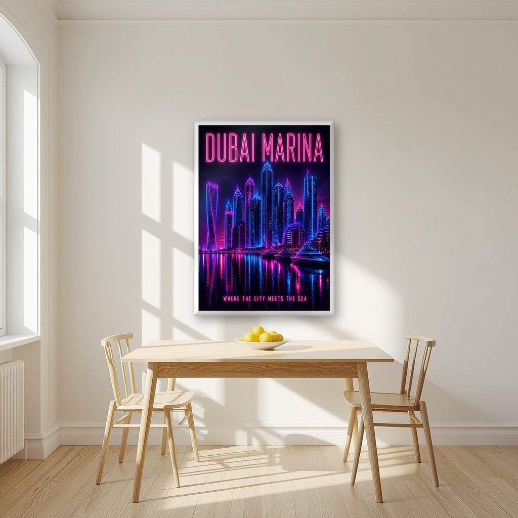 Marina After Dark in a white frame, above a dining table in a bright kitchen