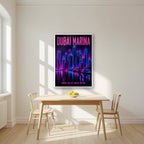 Marina After Dark in a white frame, above a dining table in a bright kitchen