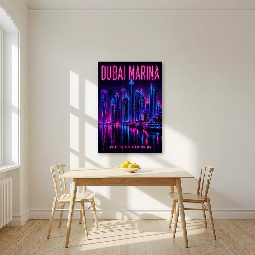 Marina After Dark as an unframed print, above a dining table in a bright kitchen