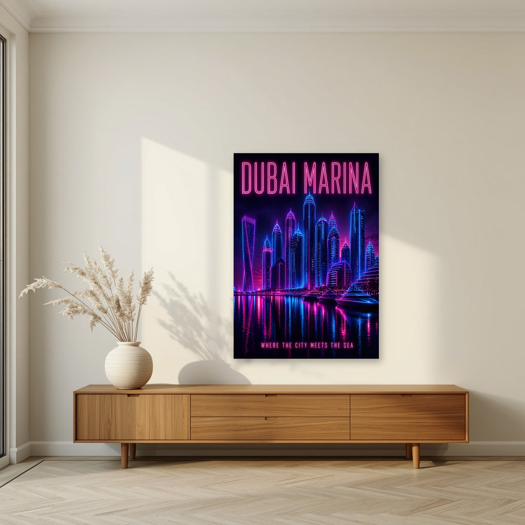 Marina After Dark as an unframed print, above a walnut sideboard in a living room