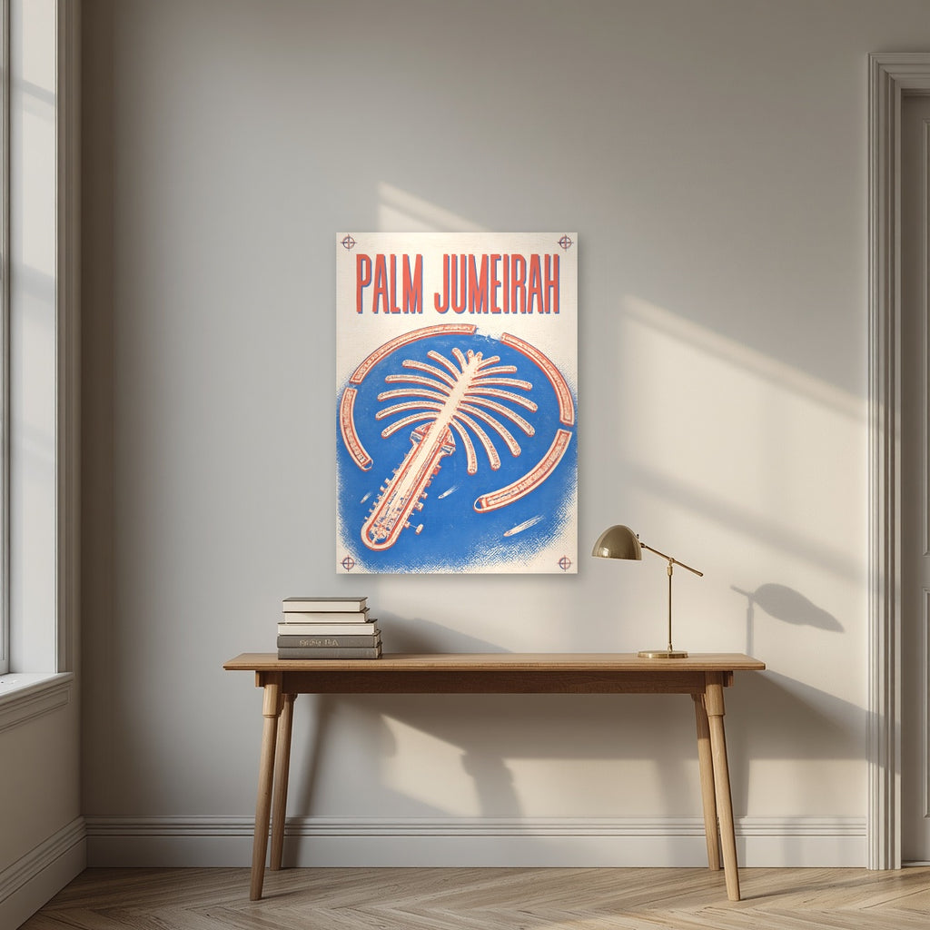 Palm Jumeirah Blueprint as an unframed print, above an oak writing desk