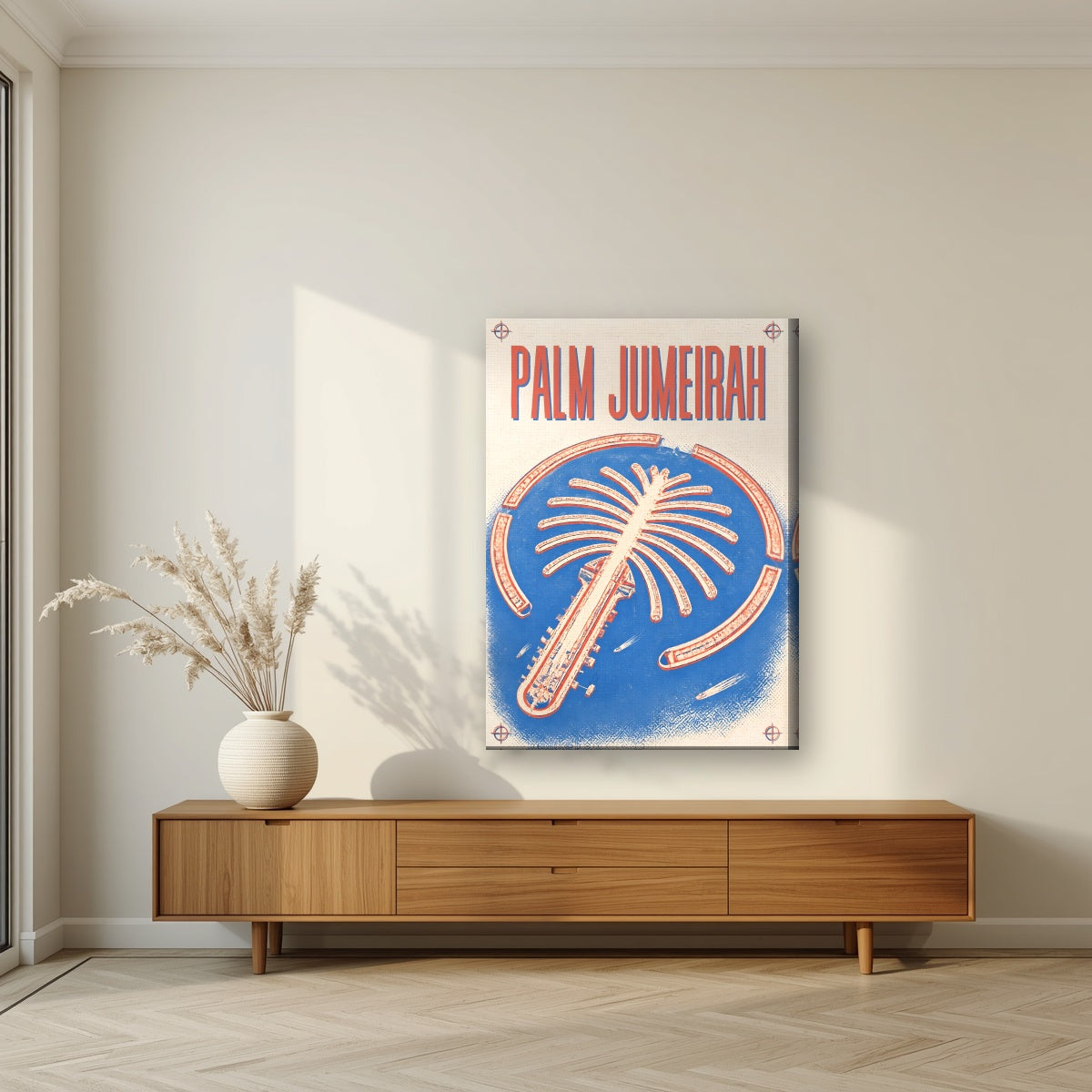 Palm Jumeirah Blueprint on a slim-edge canvas, above a walnut sideboard in a living room