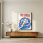 Palm Jumeirah Blueprint on a thick-edge canvas, above a walnut sideboard in a living room