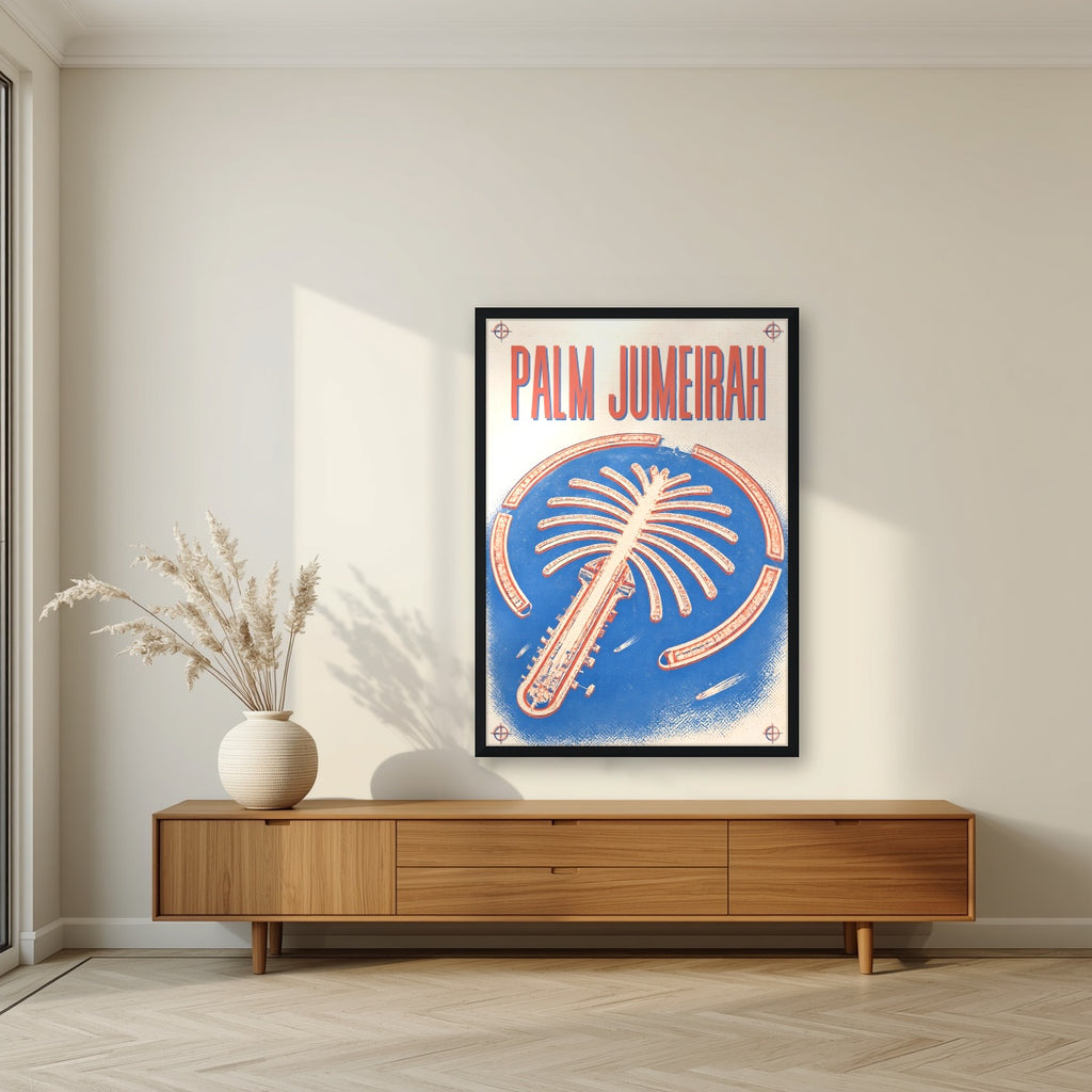 Palm Jumeirah Blueprint in a black frame, above a walnut sideboard in a living room