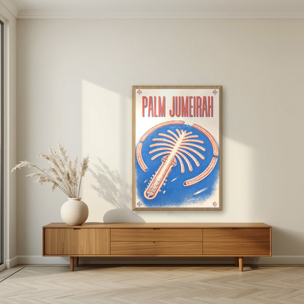 Palm Jumeirah Blueprint in an oak frame, above a walnut sideboard in a living room
