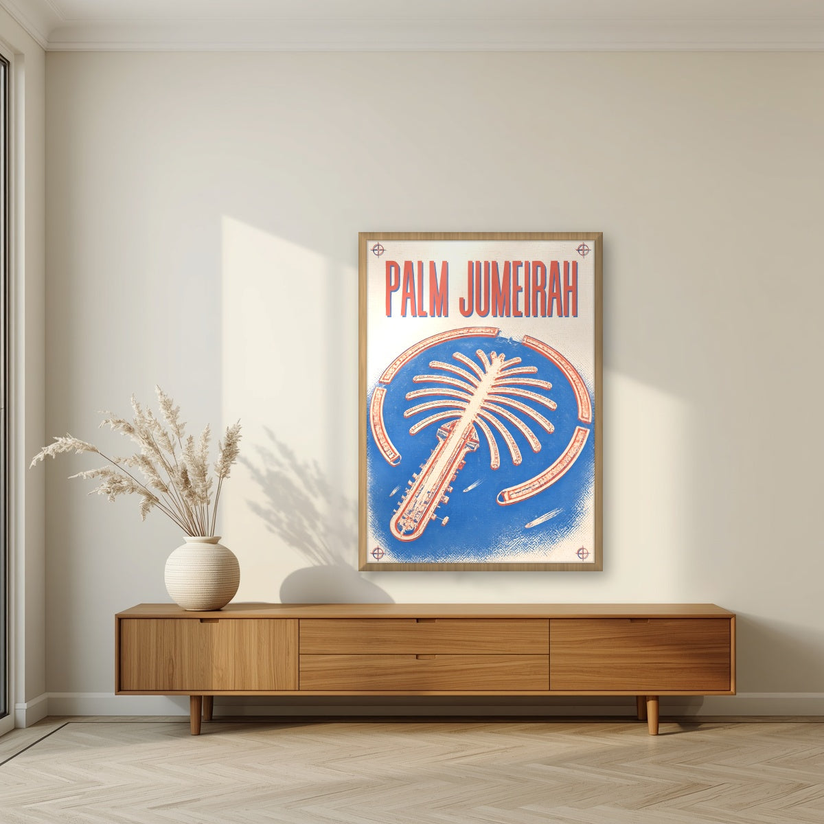 Palm Jumeirah Blueprint in an oak frame, above a walnut sideboard in a living room