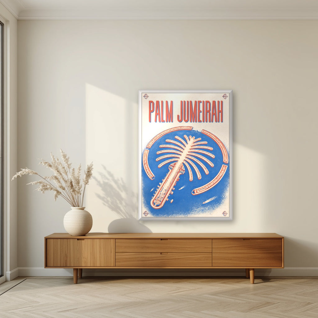 Palm Jumeirah Blueprint in a white frame, above a walnut sideboard in a living room