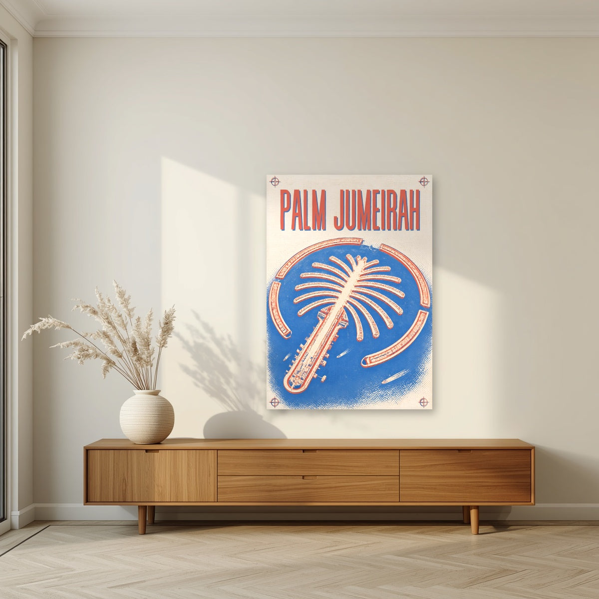 Palm Jumeirah Blueprint as an unframed print, above a walnut sideboard in a living room