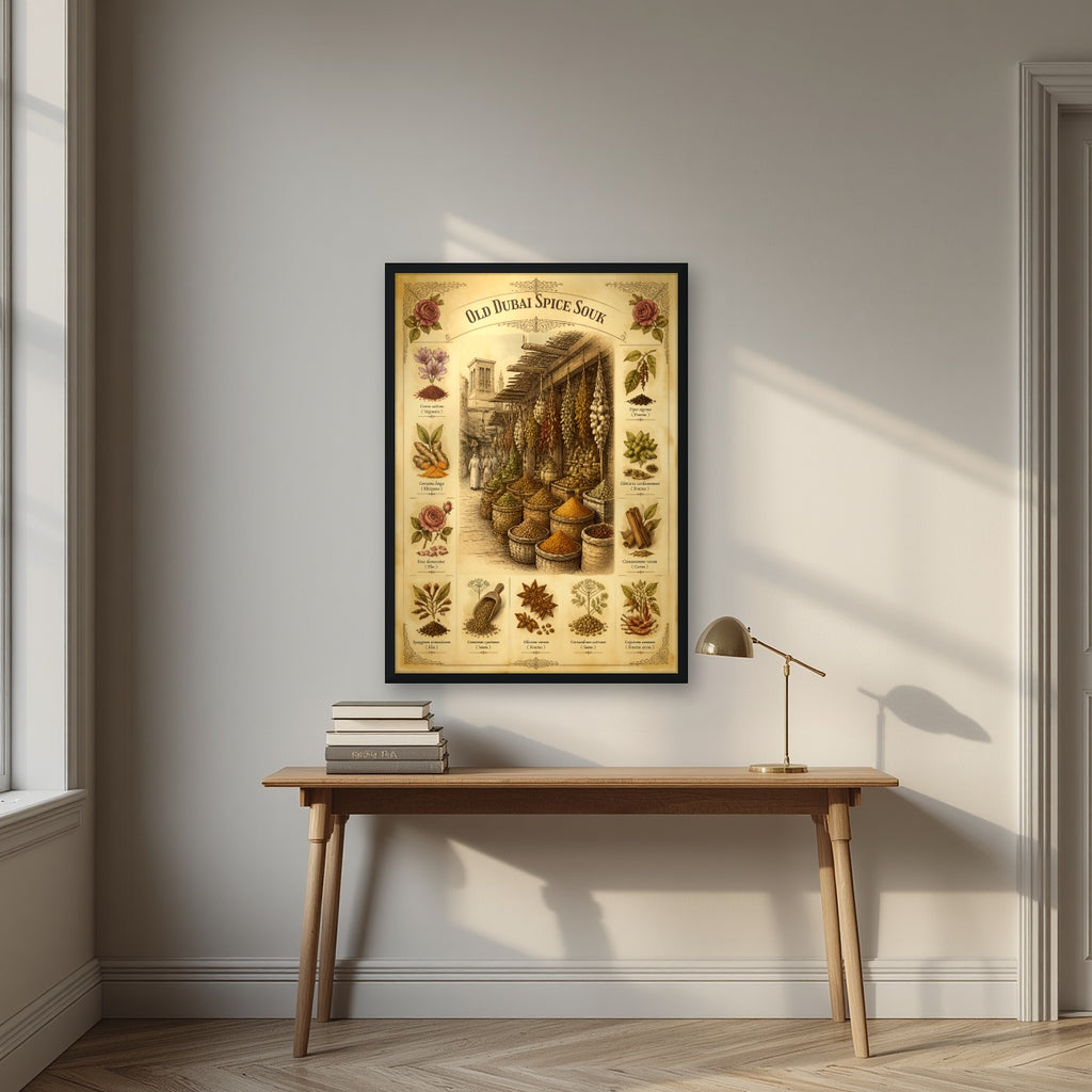 Spice Souk Botanicals in a black frame, above an oak writing desk