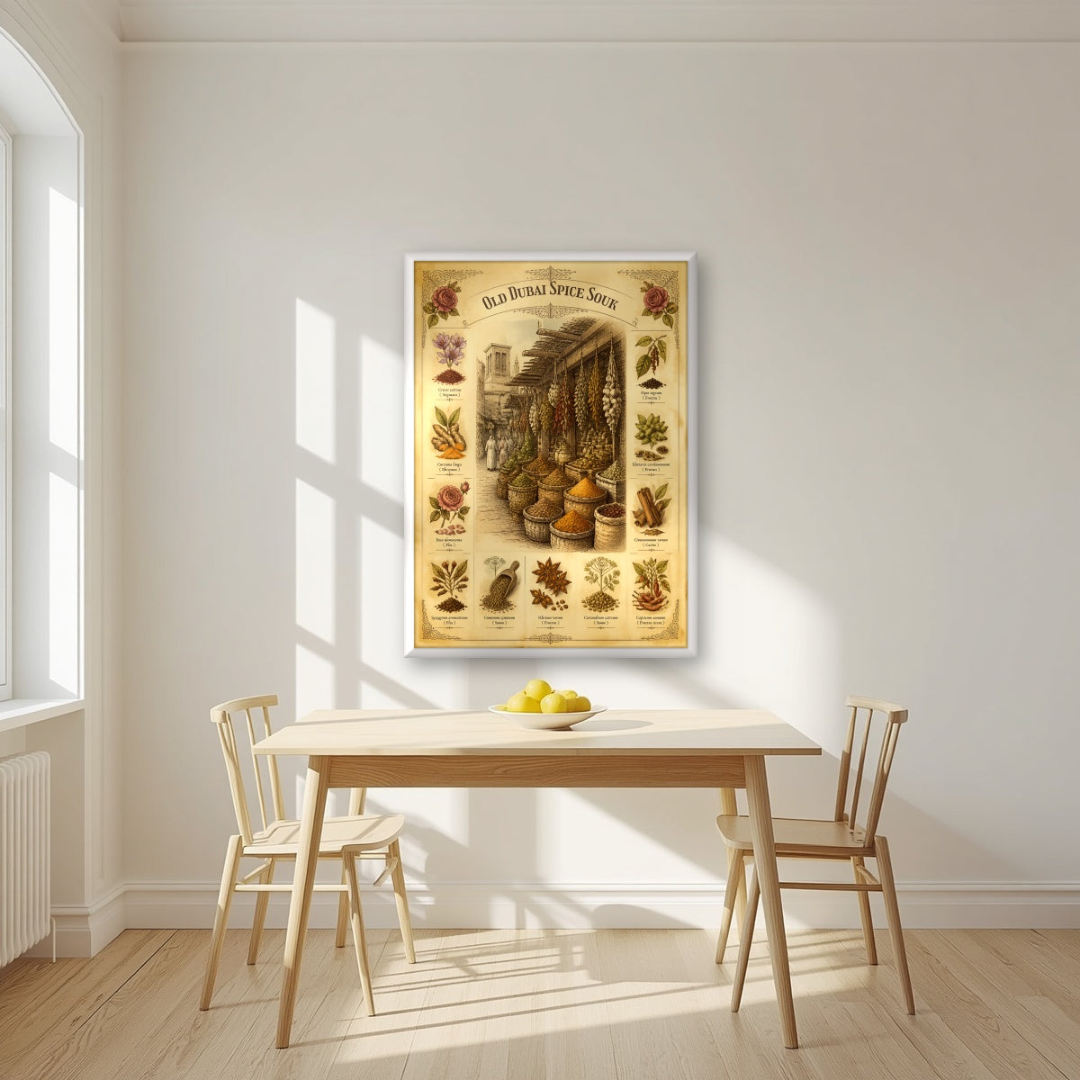 Spice Souk Botanicals in a white frame, above a dining table in a bright kitchen
