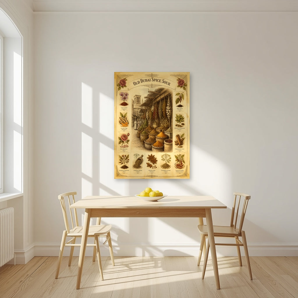 Spice Souk Botanicals as an unframed print, above a dining table in a bright kitchen