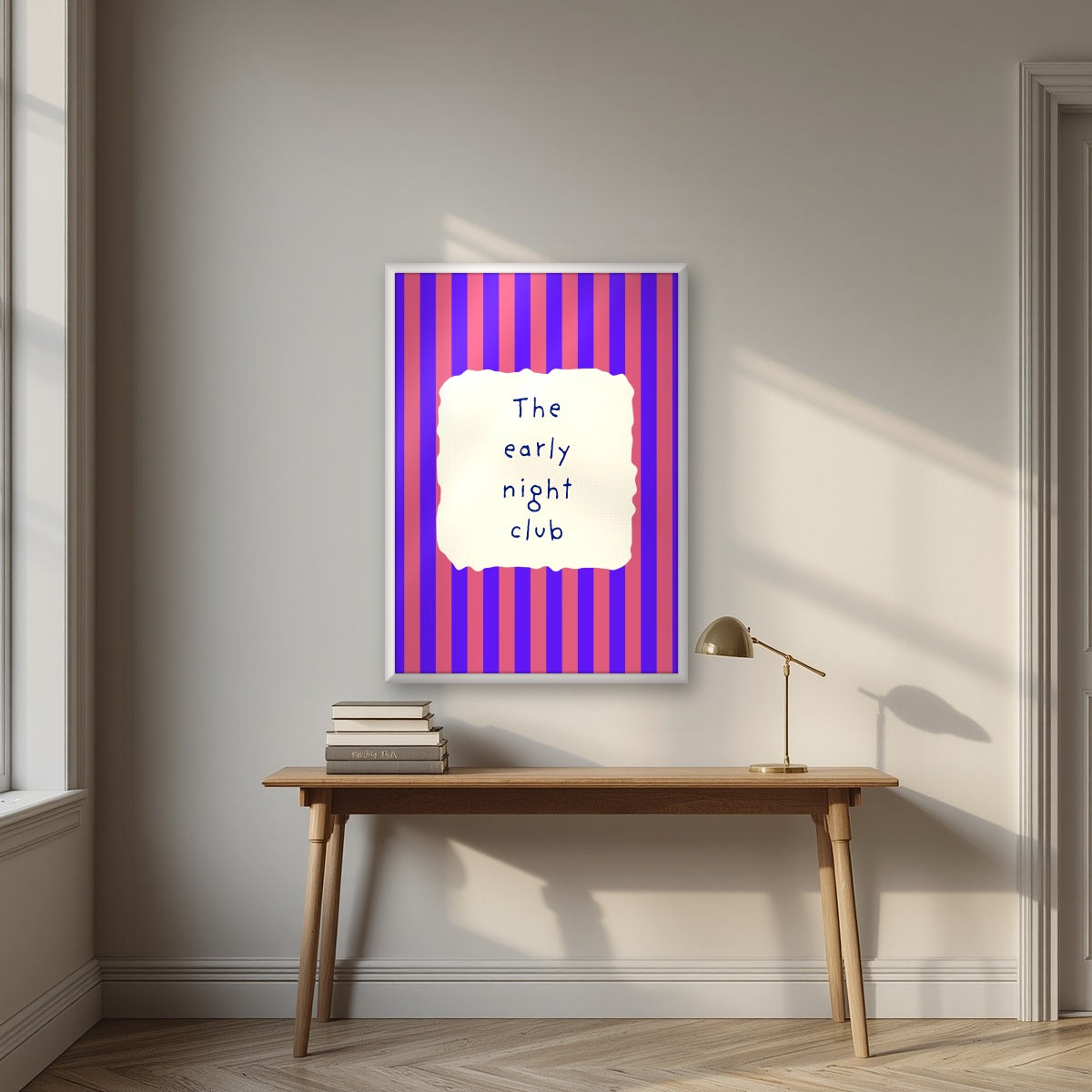 The Early Night Club – Capri Violet print in a white frame above a desk