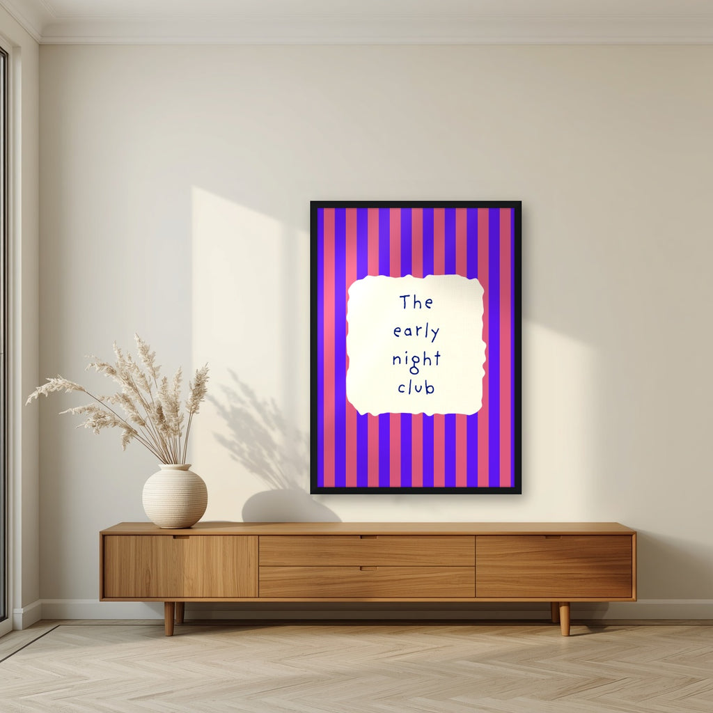 The Early Night Club – Capri Violet print in a black frame in a living room