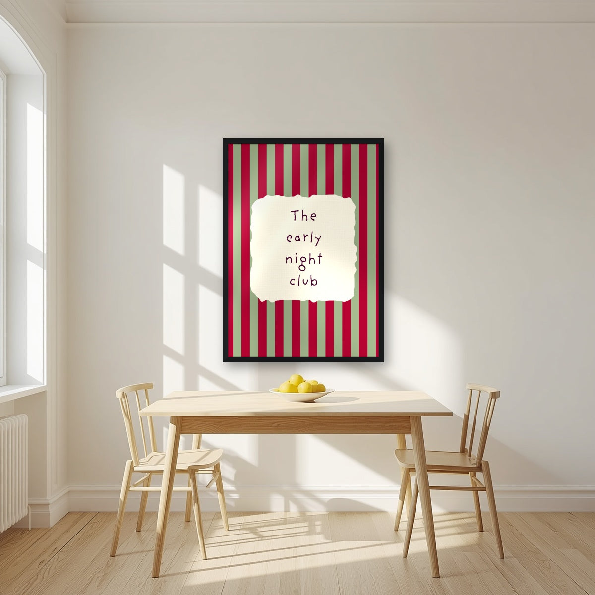The Early Night Club – Garden Sage print in a black frame in a kitchen