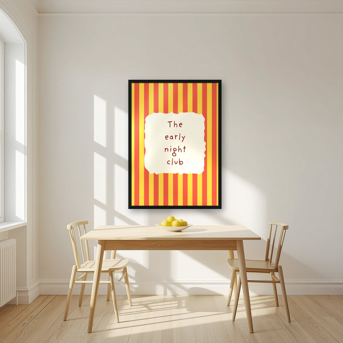 The Early Night Club – Marmalade Stripe print in a black frame in a kitchen