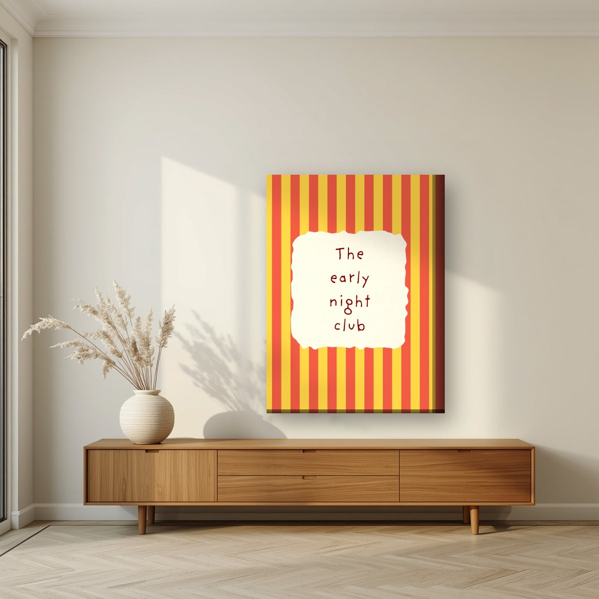 The Early Night Club – Marmalade Stripe on thick canvas in a living room