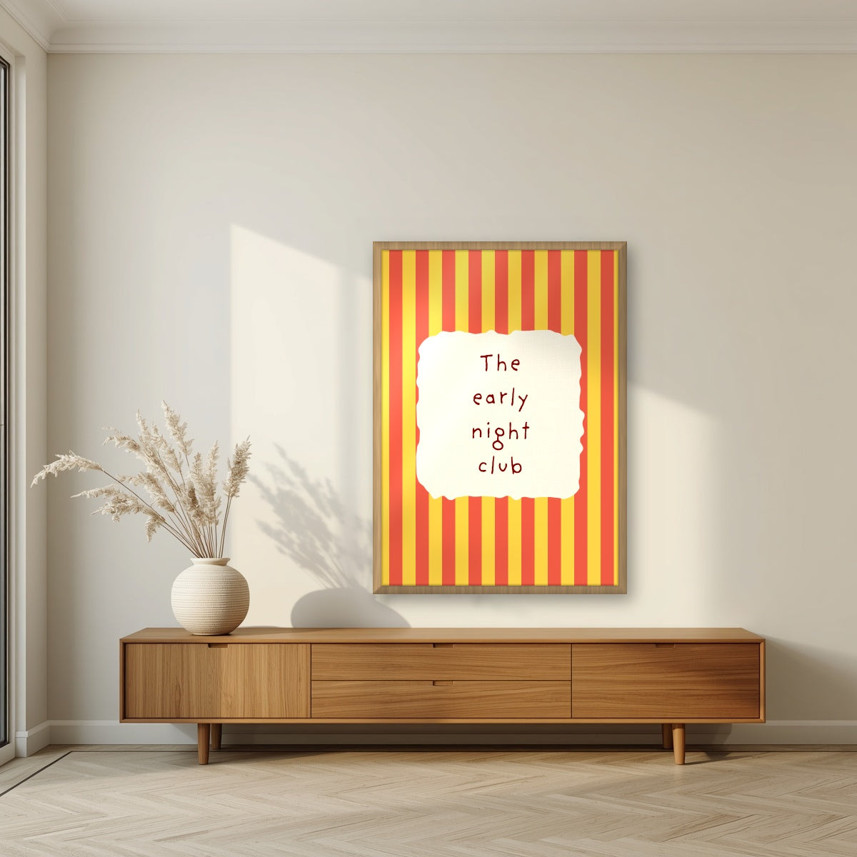 The Early Night Club – Marmalade Stripe print in an oak frame in a living room