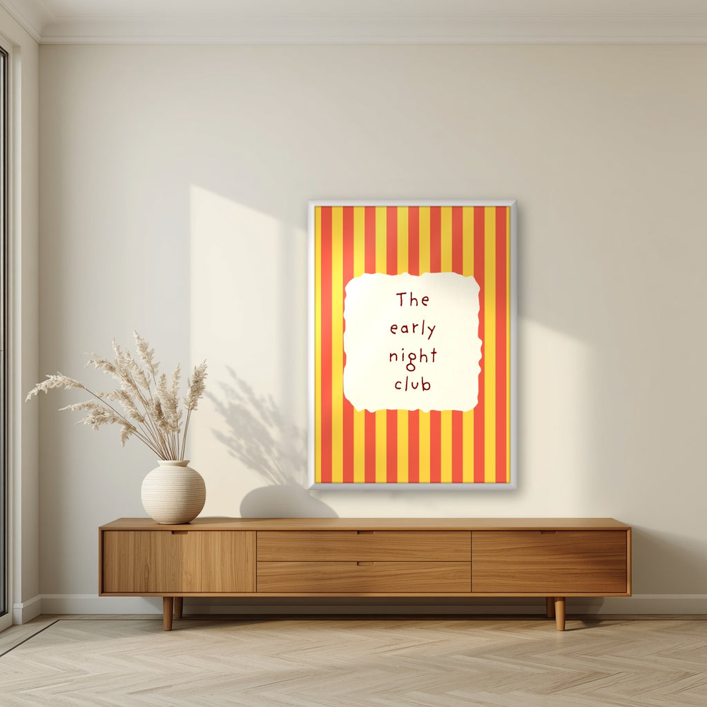 The Early Night Club – Marmalade Stripe print in a white frame in a living room