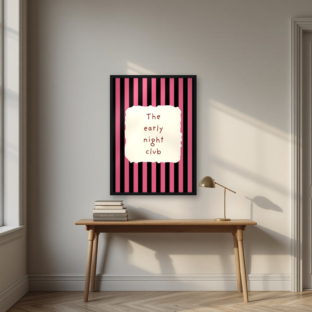 The Early Night Club – Midnight Stripe print in a black frame above a desk