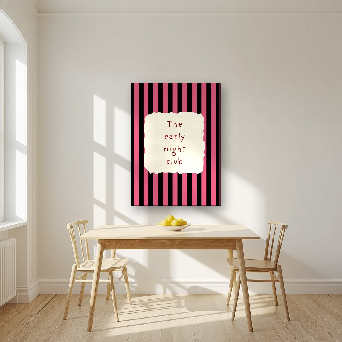 The Early Night Club – Midnight Stripe on slim canvas in a kitchen