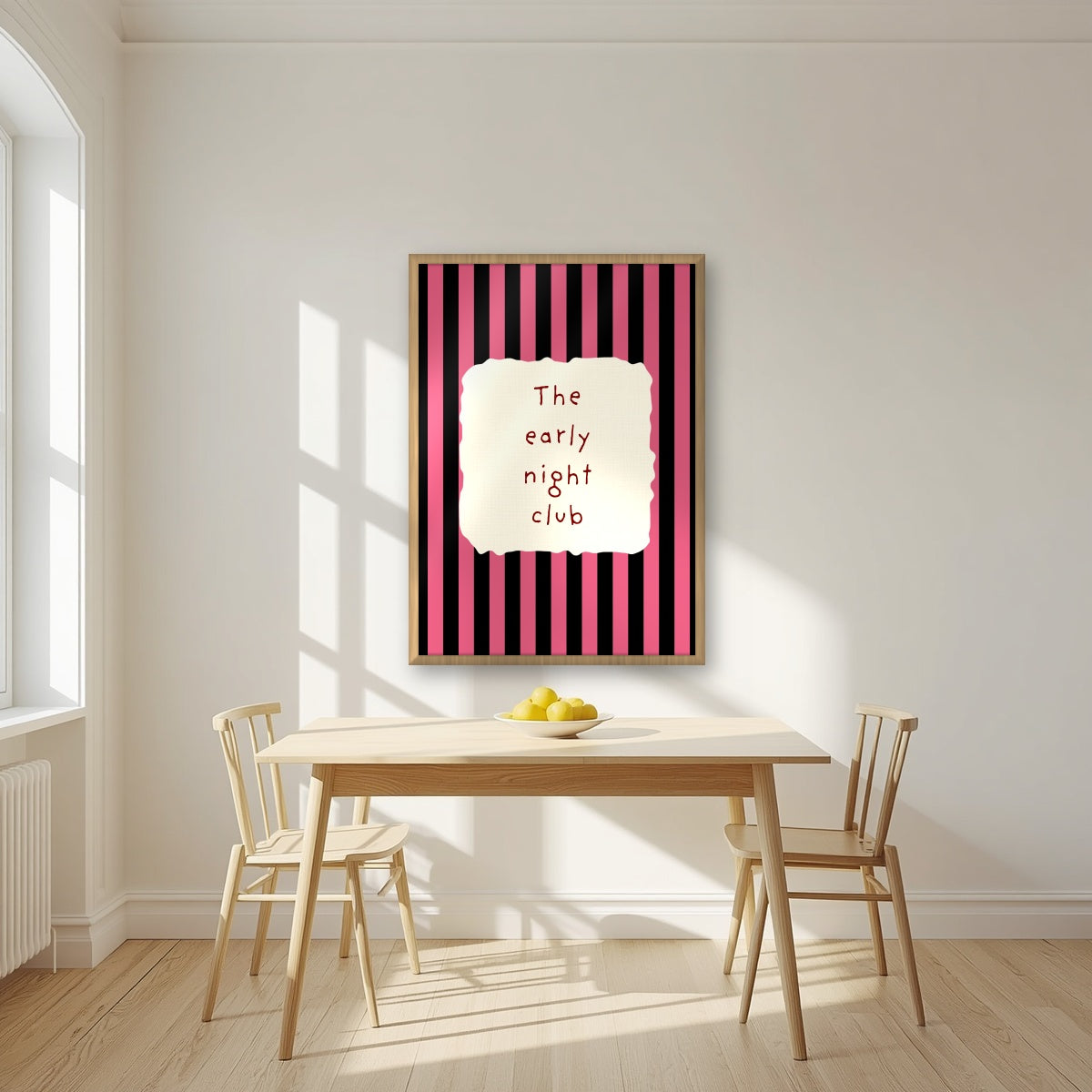 The Early Night Club – Midnight Stripe print in an oak frame in a kitchen