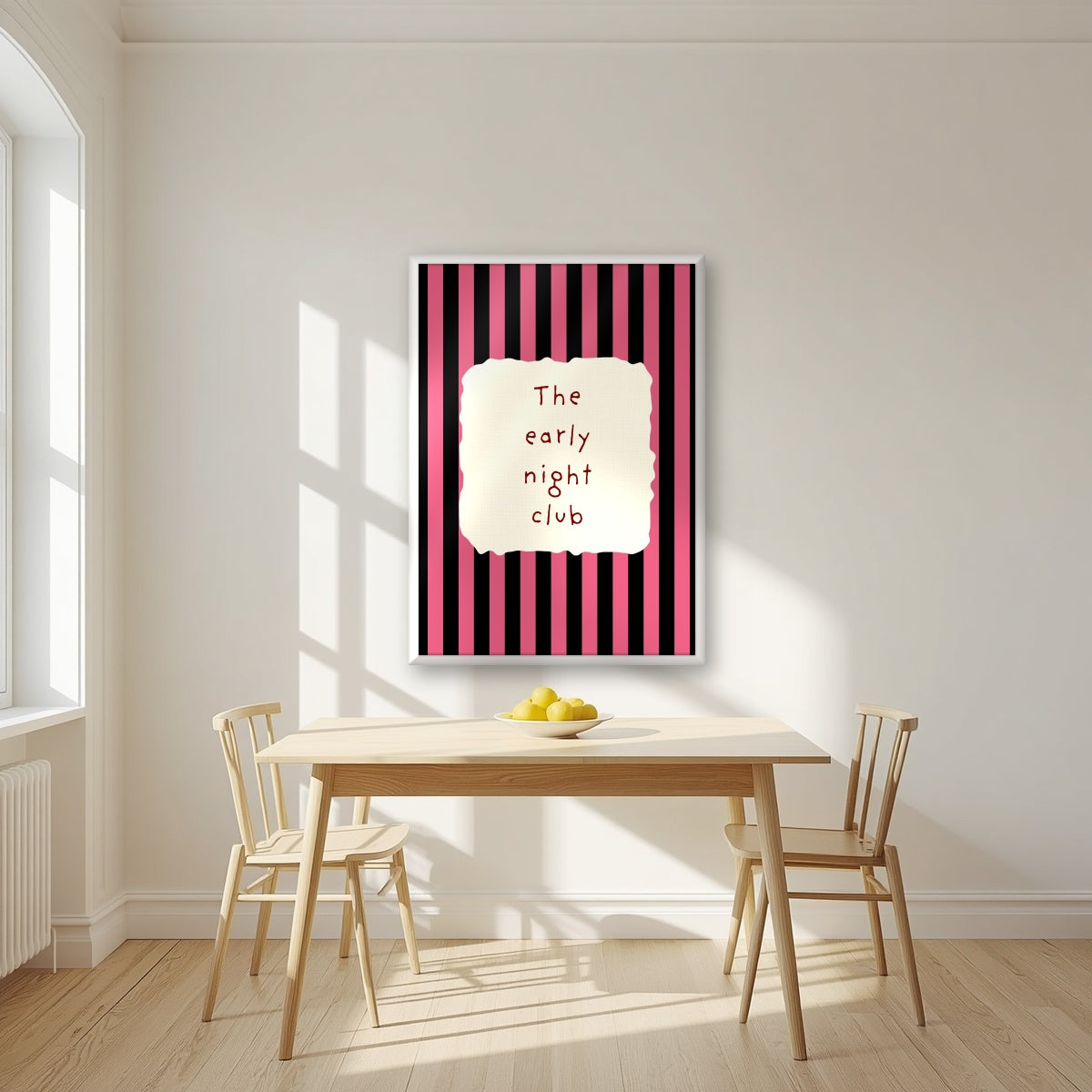 The Early Night Club – Midnight Stripe print in a white frame in a kitchen