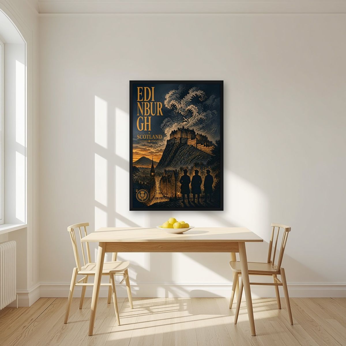 Auld Reekie — Edinburgh art print, in a black frame, styled in a kitchen