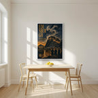 Auld Reekie — Edinburgh art print, in a white frame, styled in a kitchen